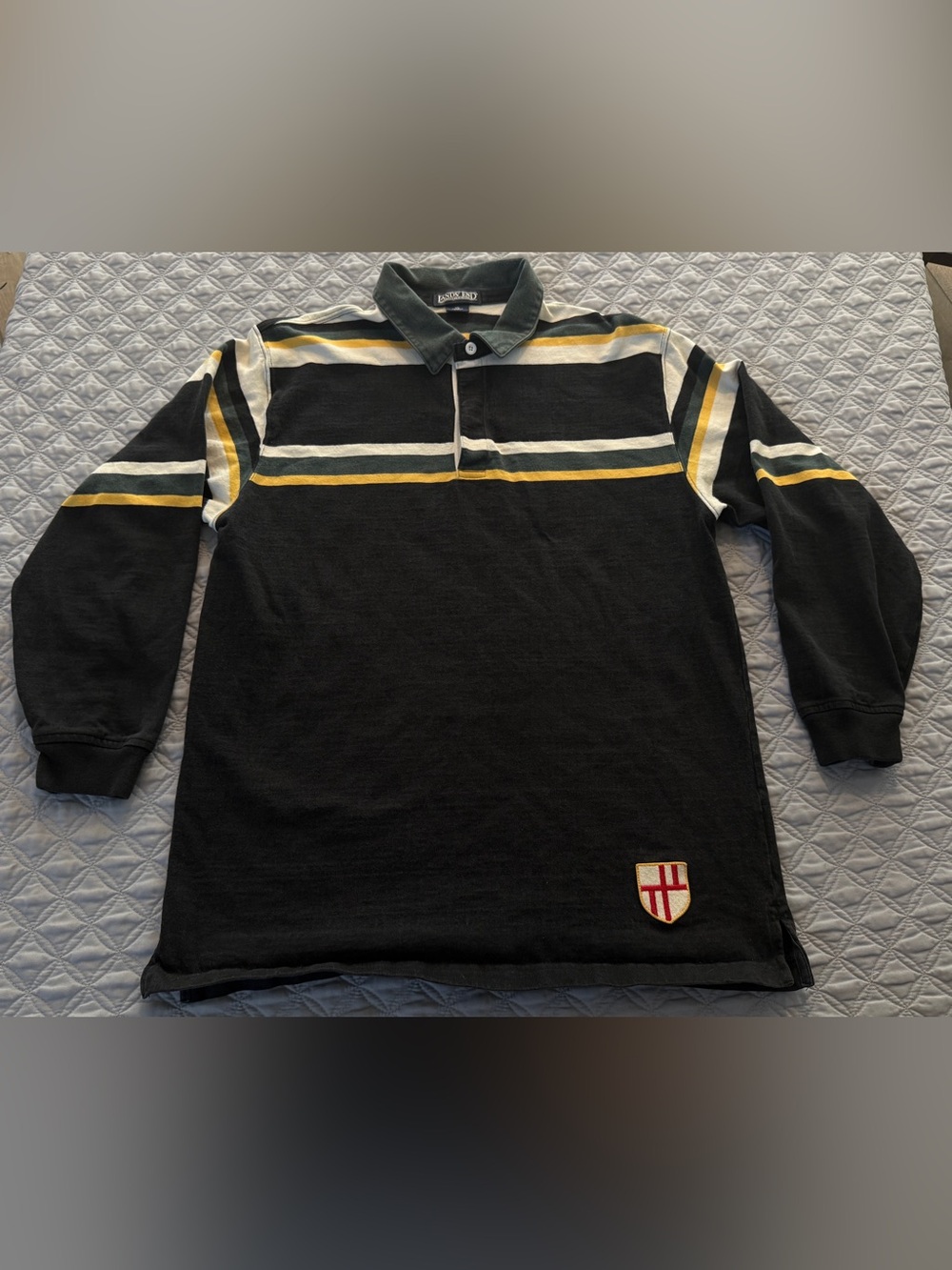 Lands' End Mens XL Black Striped Long Sleeve Rugby Shirt Embroidered Crest Y2K